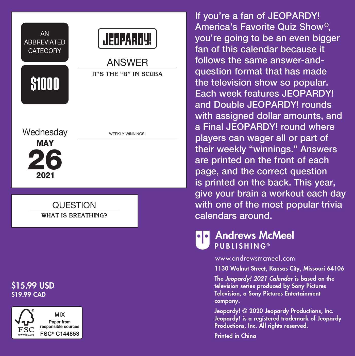 Jeopardy Calendar 2022 Jeopardy! 2021 Day-To-Day Calendar: Sony: 9781524857295: Amazon.com: Books