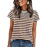 PEHEMA Women's Cotton Striped Short Sleeve T-Shirt - Soft Crew Neck Casual Summer Tops for Work Weekend