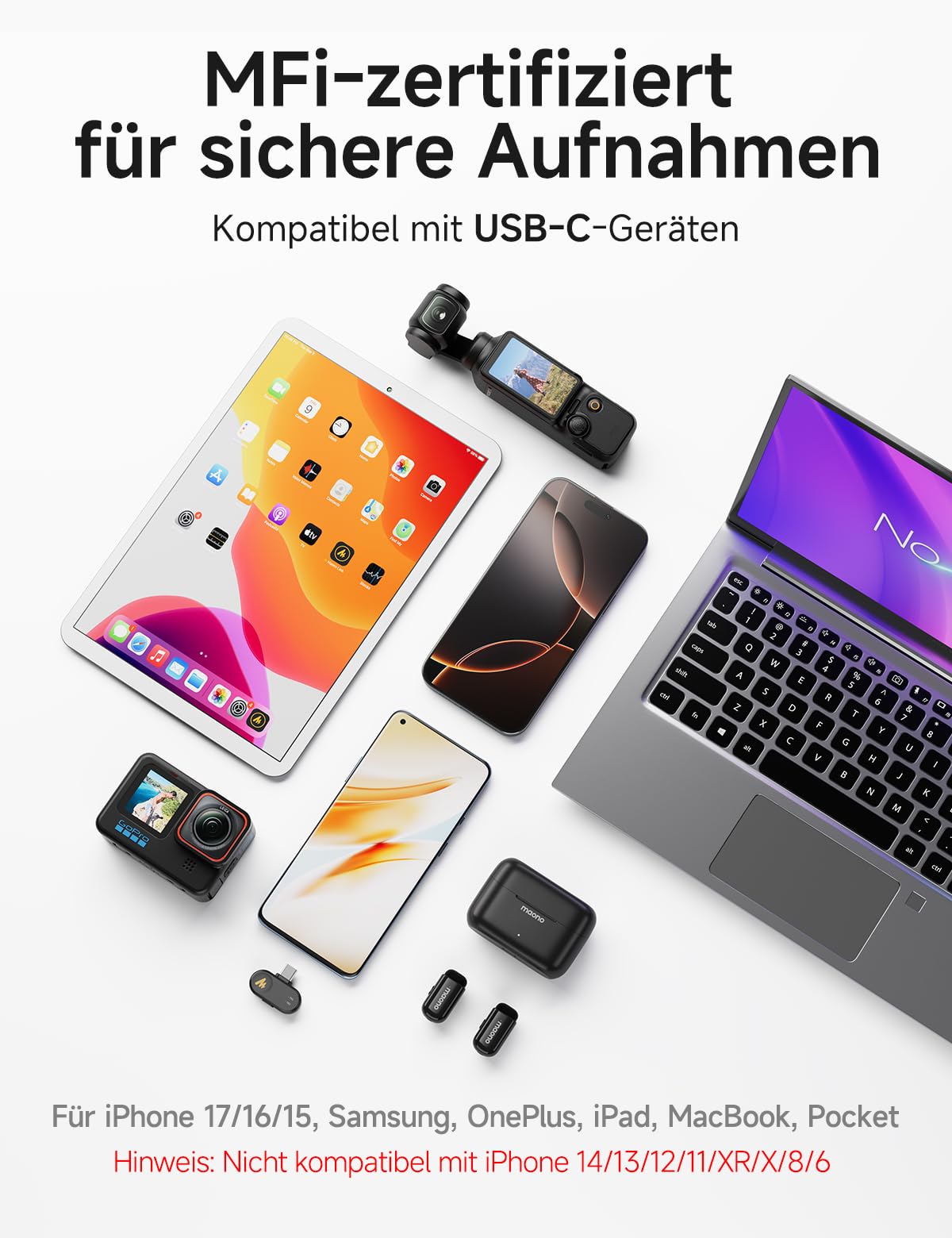 MAONO Kabelloses Handy Mikrofon - USB-C Wireless Mini Mikrofon für iPhone 17/16/15 Android, 4 Level Rauschunterdrückung, KI Stimmenwechsel, 30h Laufzeit, Mic für Vlog, YouTube, Aufnahmen, Wave T1 Mini 5