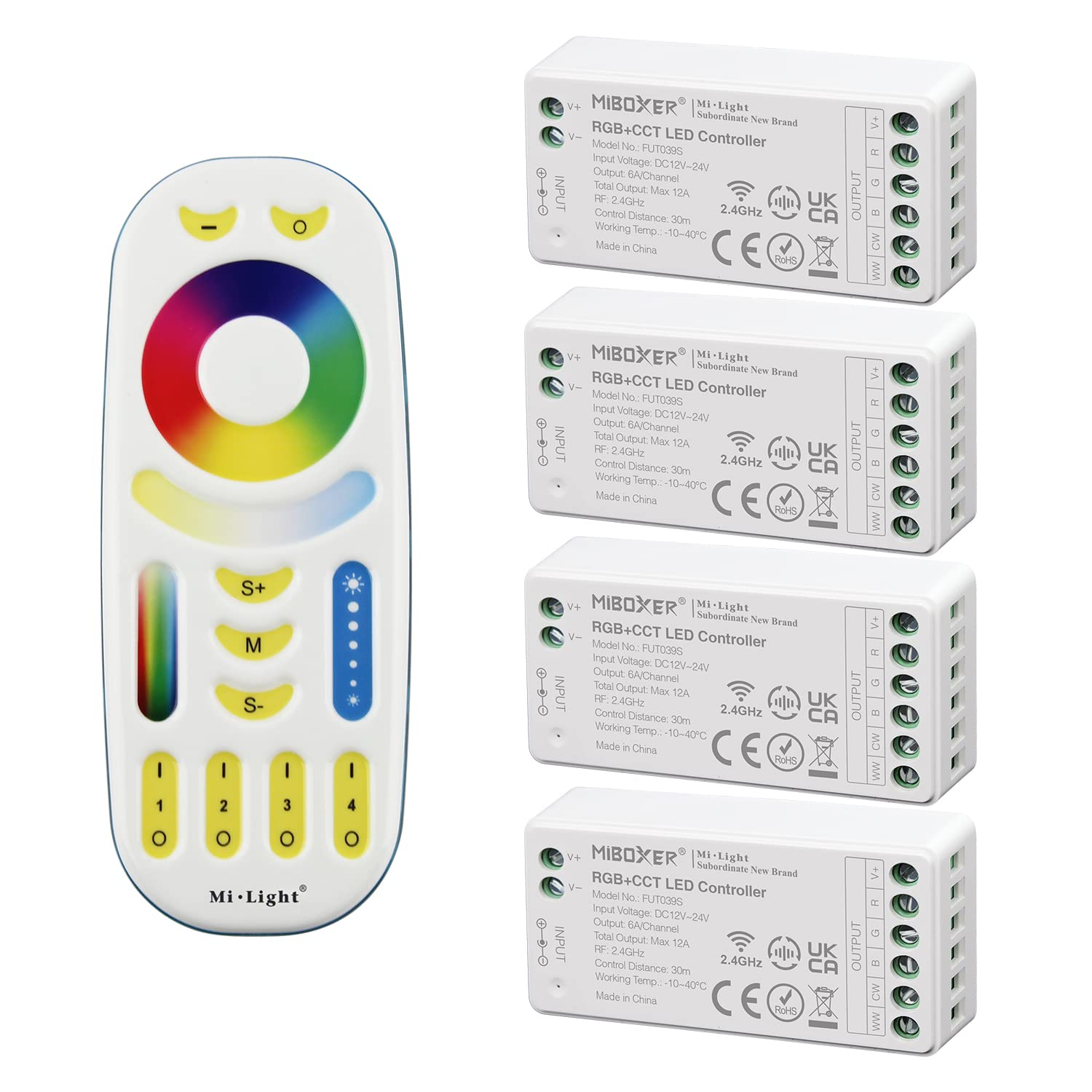 lighteu®, Milight Miboxer Remote Control Kit: Pack of 4X RGBCCT LED Strip Controllers and 1x 4 Zone LED RGBCCT Remote Control 4X fut039S + fut092