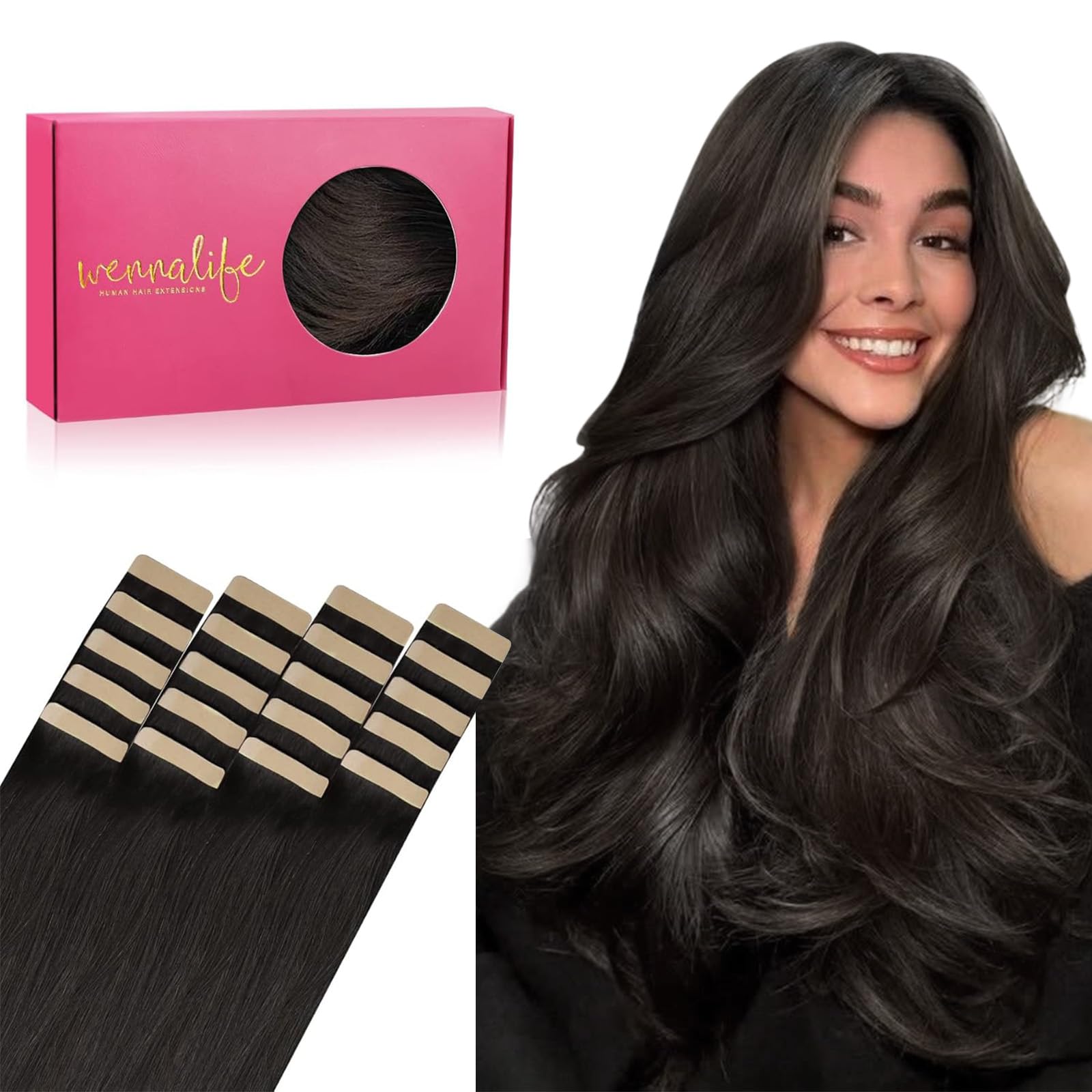 WENNALIFE Tape in Hair Extensions - 20pcs 14 Inch 50g Dark Brown Remy Human Hair - Coloured Real Tape Extensions — image 1