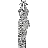 SOLY HUX Women's Zebra Striped Halter Maxi Dress Sleeveless Asymmetrical Split Bodycon Party Vacation Long Dresses