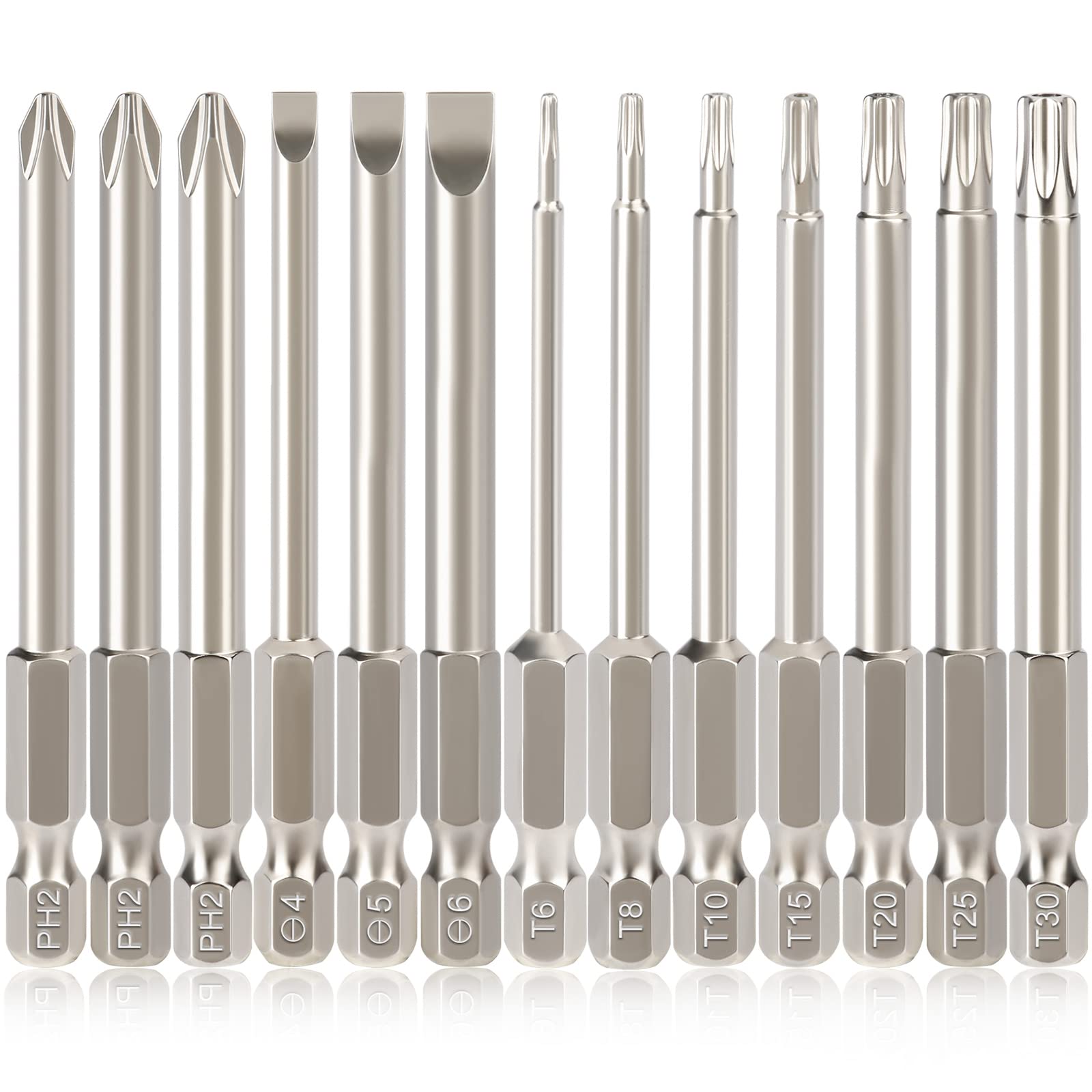 Hakkin Tamper Proof Torx Bit Set 13Pcs Torx Phillips Slotted Screwdriver Bits Set Premium S2 Steel 1/4" Hex Shank 3 Inch Magnetic Screwdriver Bits T6 T8 T10 T15 T20 T25 T30 PH2 SL4 SL5 SL6 75mm Length