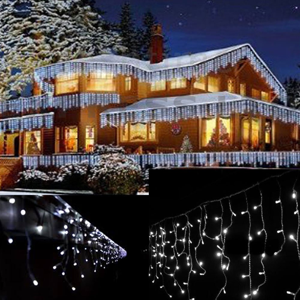 JnDee Fully Weatherproof Icicle Christmas Fairy Lights 10M Wide + 10M Cable, 360 Cool White LED, 8 Modes, 31V Safe Voltage (Cool White)