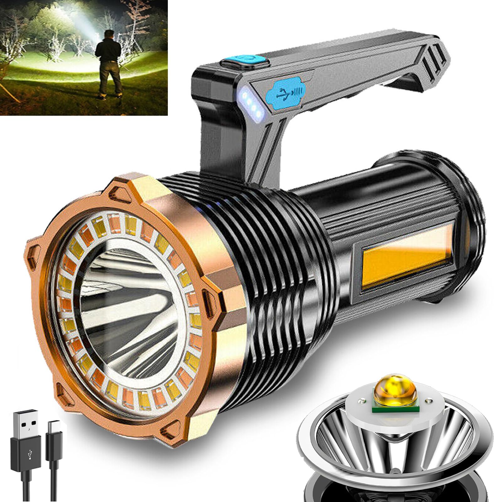 Photo 1 of Wrrozz LED Flashlight USB Rechargeable, Super Brightest Flashlight with Sidelight and Hooks, 8 Modes Lighting, 19X LED, High Powered, Waterproof Tactical Torch Camping Portable Handheld