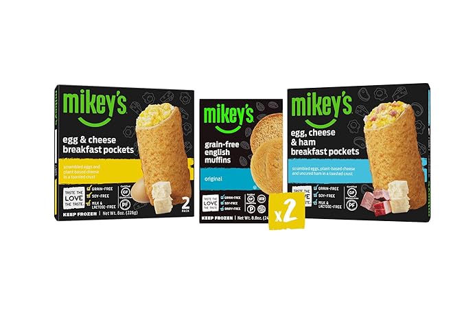 Mikey S Breakfast Variety Pack 6 Boxes Original English Muffins Egg Cheese Pockets Ham Egg Cheese Pockets Gluten Free Dairy Free Soy Free Amazon Com Grocery Gourmet Food