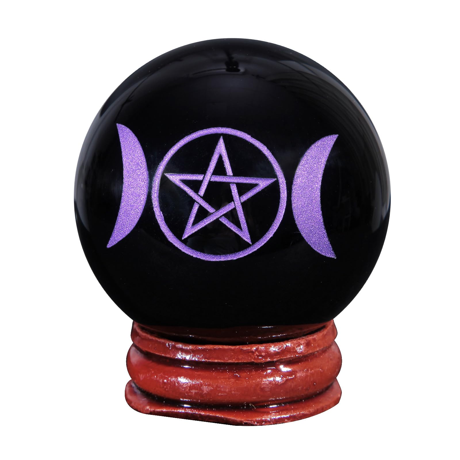 mookaitedecor Engraved Pentagram Symbol Black Obsidian Crystal Ball Sphere Ornament with Wooden Stand, Healing Crystal Stone Wiccan Witchcraft Gifts Reiki Spiritual Room Desk Decor(Purple)