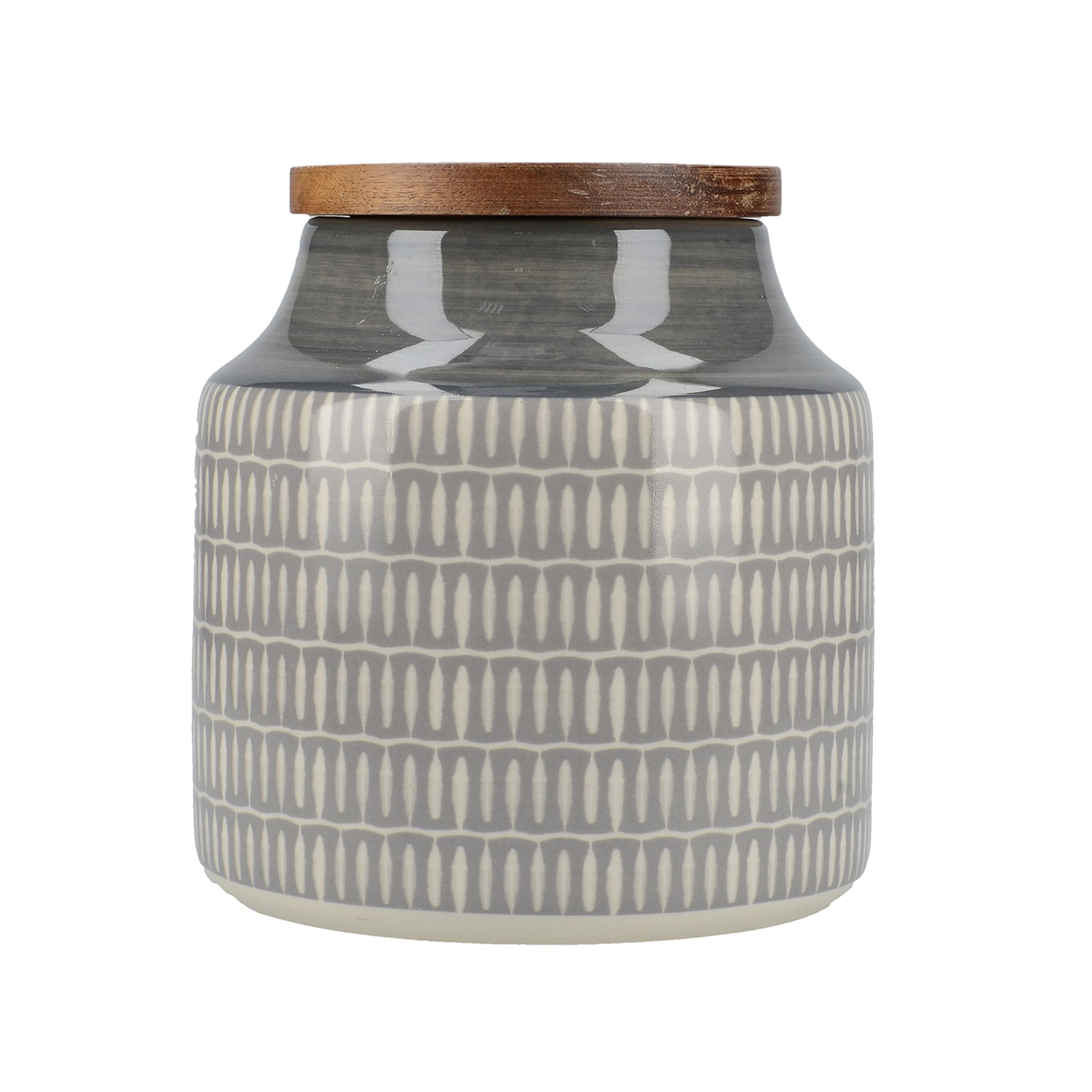 MIKASA Drift Ceramic Storage Canister for Tea, Coffee or Sugar, Hand Decorated Grey Batik Design, Wooden Lid, 12.5cmx12cm, 900ml