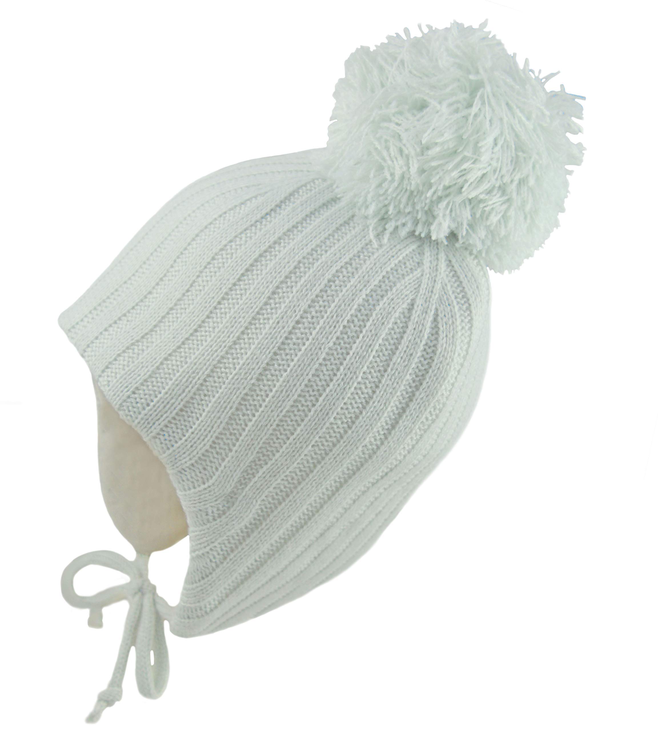 Pesci Baby Girls or Boys Pom Pom Hat with Ear Flaps and Chin Ties Beanie Bobble Hats Winter Wooly Knitted Warm Thermal Cap (Grey, 6-12 Months)