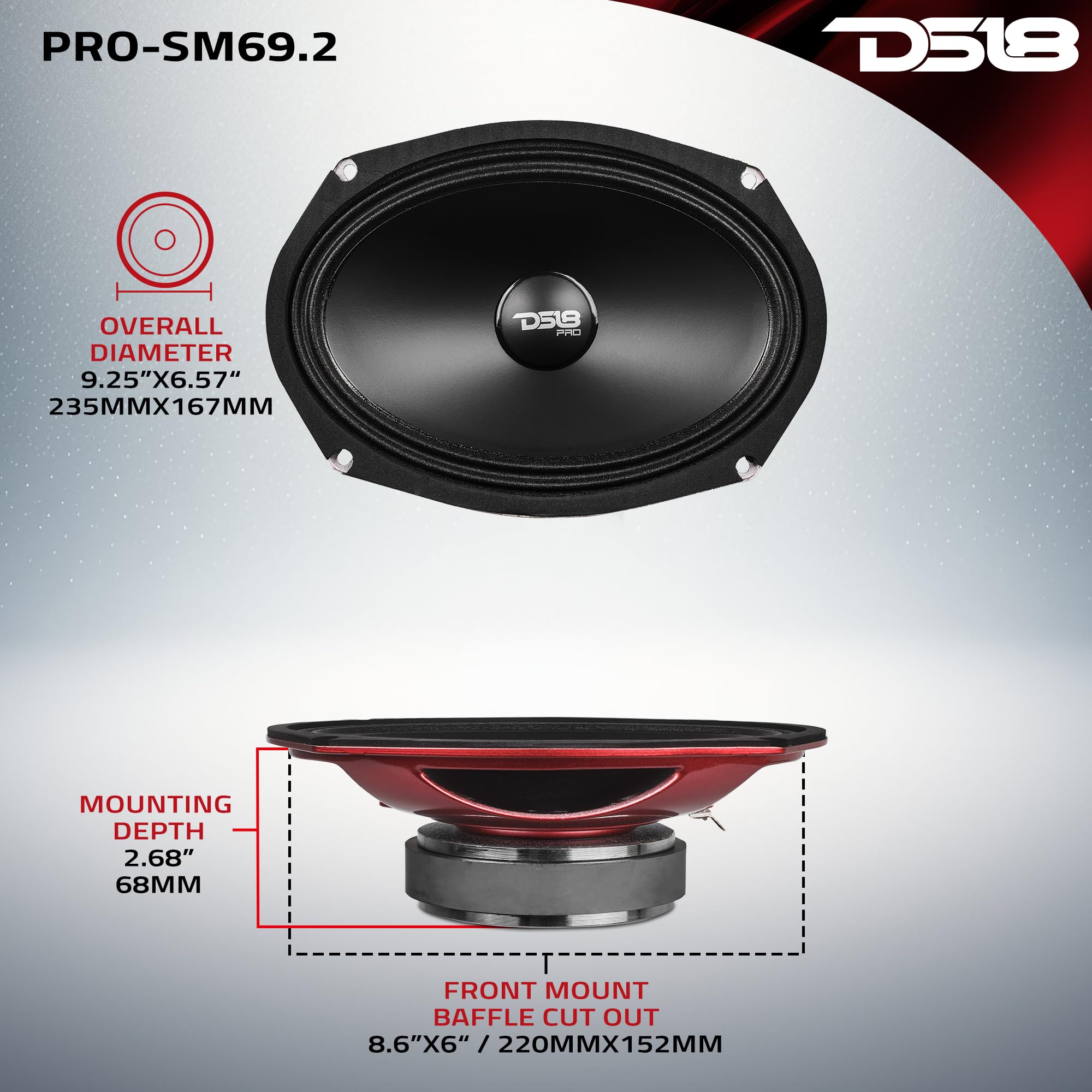 DS18 PRO-SM69.2 6x9 Shallow Water Resistant Cone Mid-Range Loudspeaker 500W Max Power, 250W RMS, 2 Ohms - Perfect for Motorcycle Applications (1 Speaker)