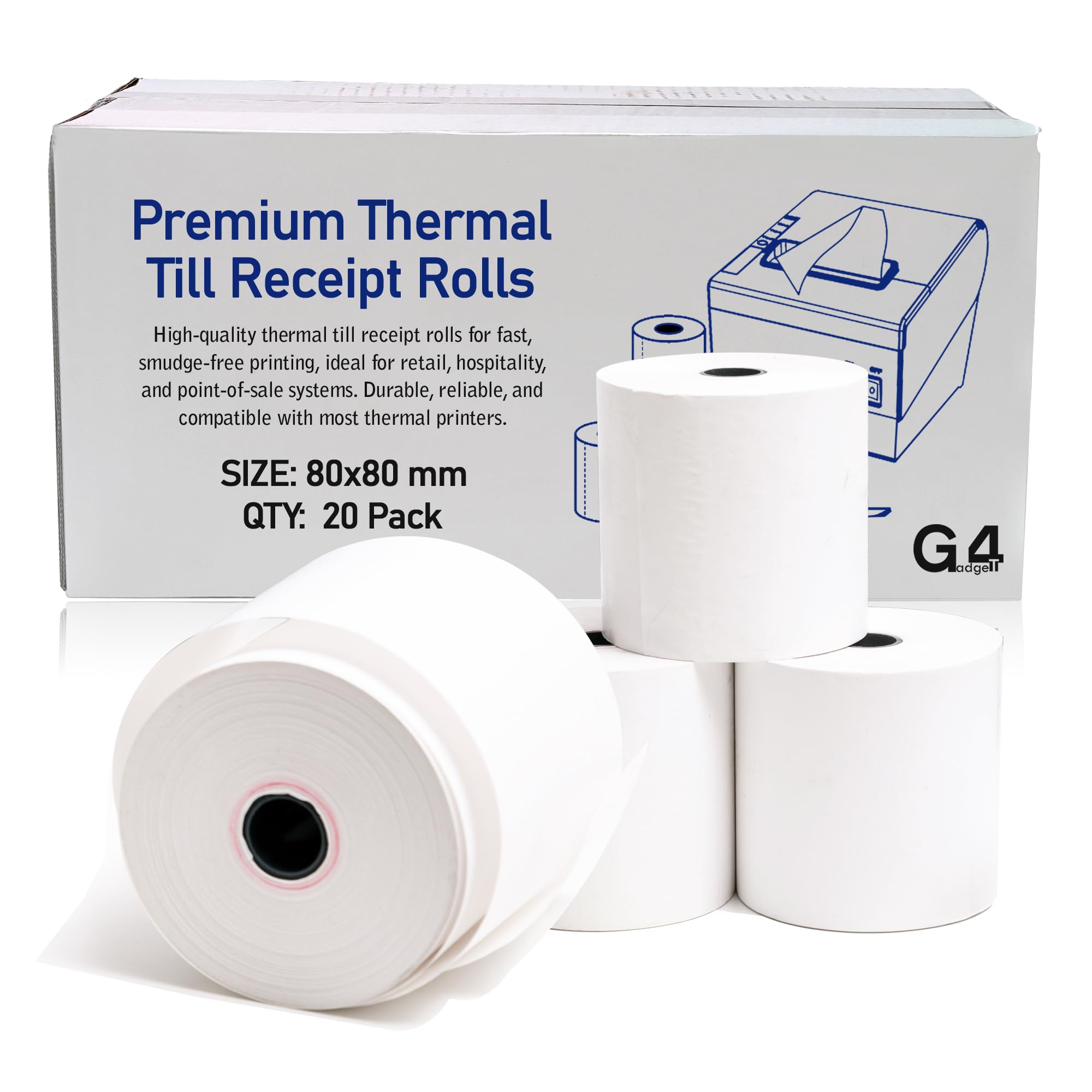 20 Rolls of 80 x 80 Premium Thermal Paper Till Rolls Receipt Roll for Cash Register, POS, Credit Card Machine with Red Warning Strip 265gm Each Roll