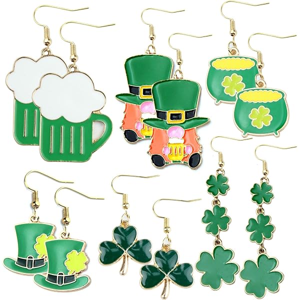 2 Pairs St Patrick's Day Earrings - Cute Dog & Cat Wooden Dangle Earrings With Green Clover, Irish Good Luck Gift