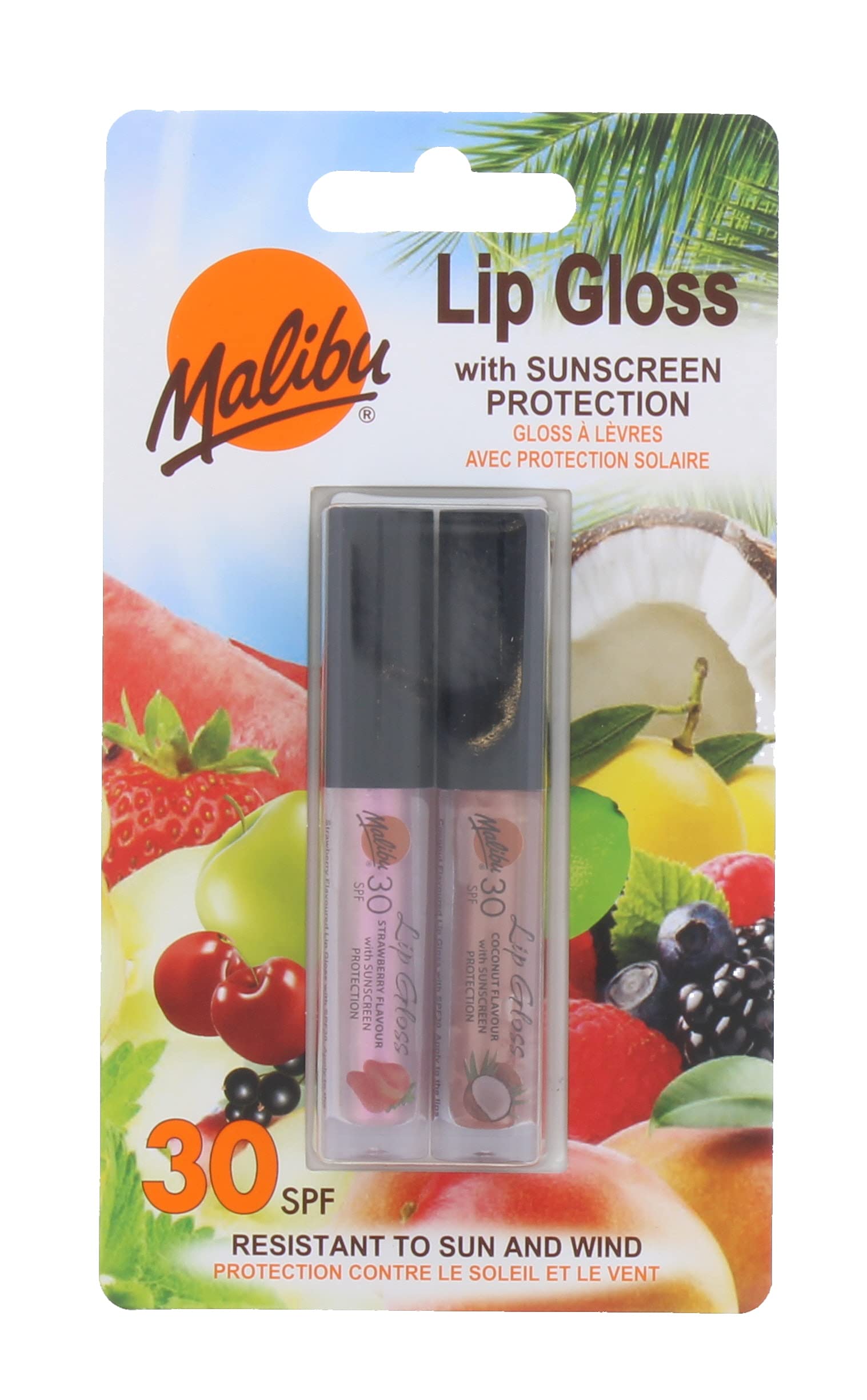 Malibu Sun SPF 30 Sunscreen Lip Gloss, High Protection, Water and Wind Resistant, Coconut and Strawberry, Pack of 2 x 1.5ml