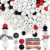 RONYOUNG 200PCS Christmas Snowman Wooden Bead Winter Wooden Bead Christmas Buffalo Plaid Wood Round Print Beads with DIY Twine Scarf for Crafts