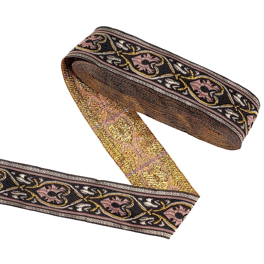 FINGERINSPIRE 7.66 Yard 34.5mm Vintage Jacquard Ribbon Black Jacquard Trim Emobridered Woven Trim with Heart Pattern Gold & Pink Floral Webbing Ribbon for DIY Clothing Accessories Embellishment