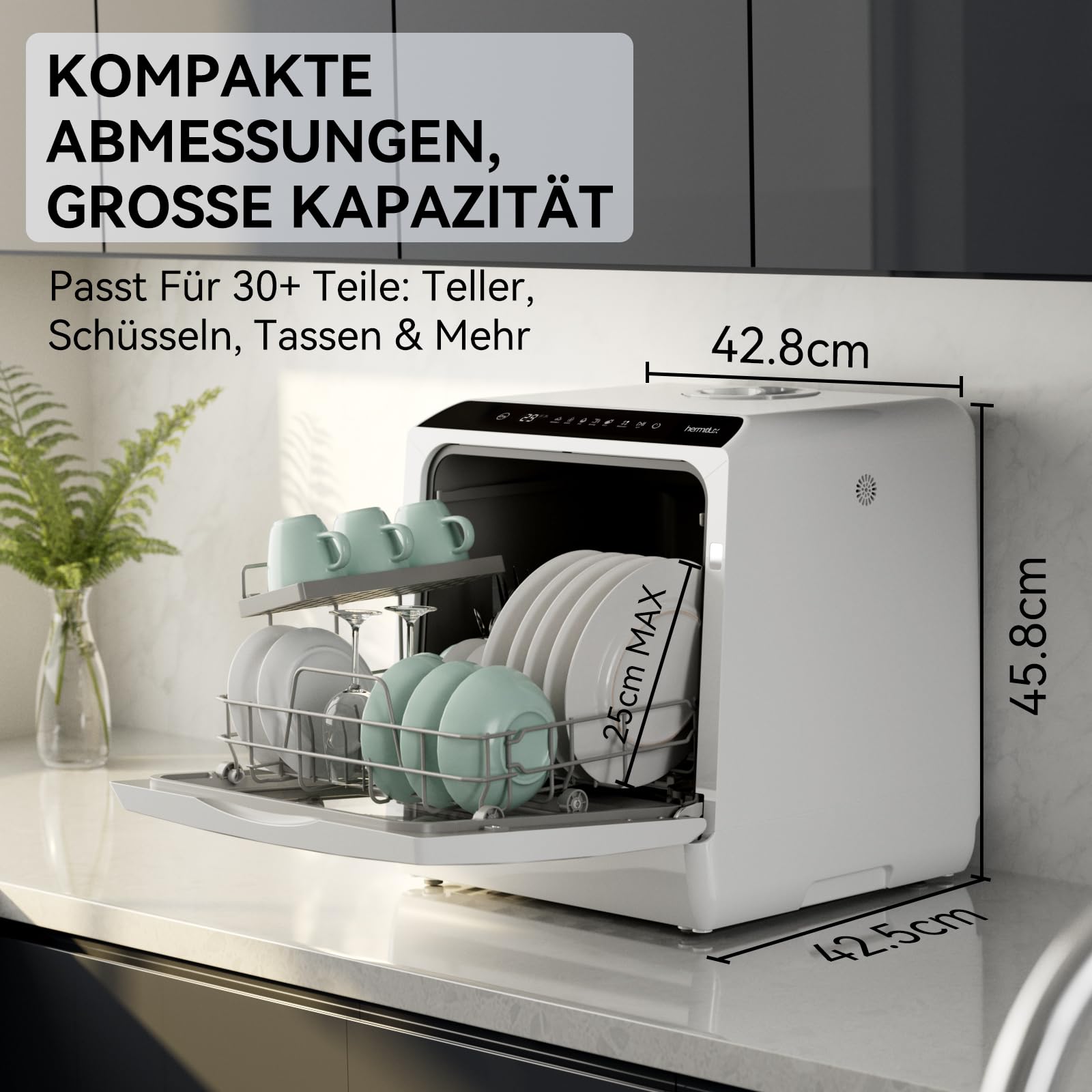 Hermitlux Mini Geschirrspüler, Spülmaschine für 4 Bestecksätze, 5 Liter Wassertank, 6 Programme Mini Tischgeschirrspüler, Perfekt für Wohnungen, Schlafsäle, Camping, Weiß 2