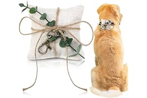 Yunlly 3'' x 3'' Dog Ring Bearer Wedding Pillows with Ring Clasp Off for Dog Collar White Burlap Holder with Greenery for Eng
