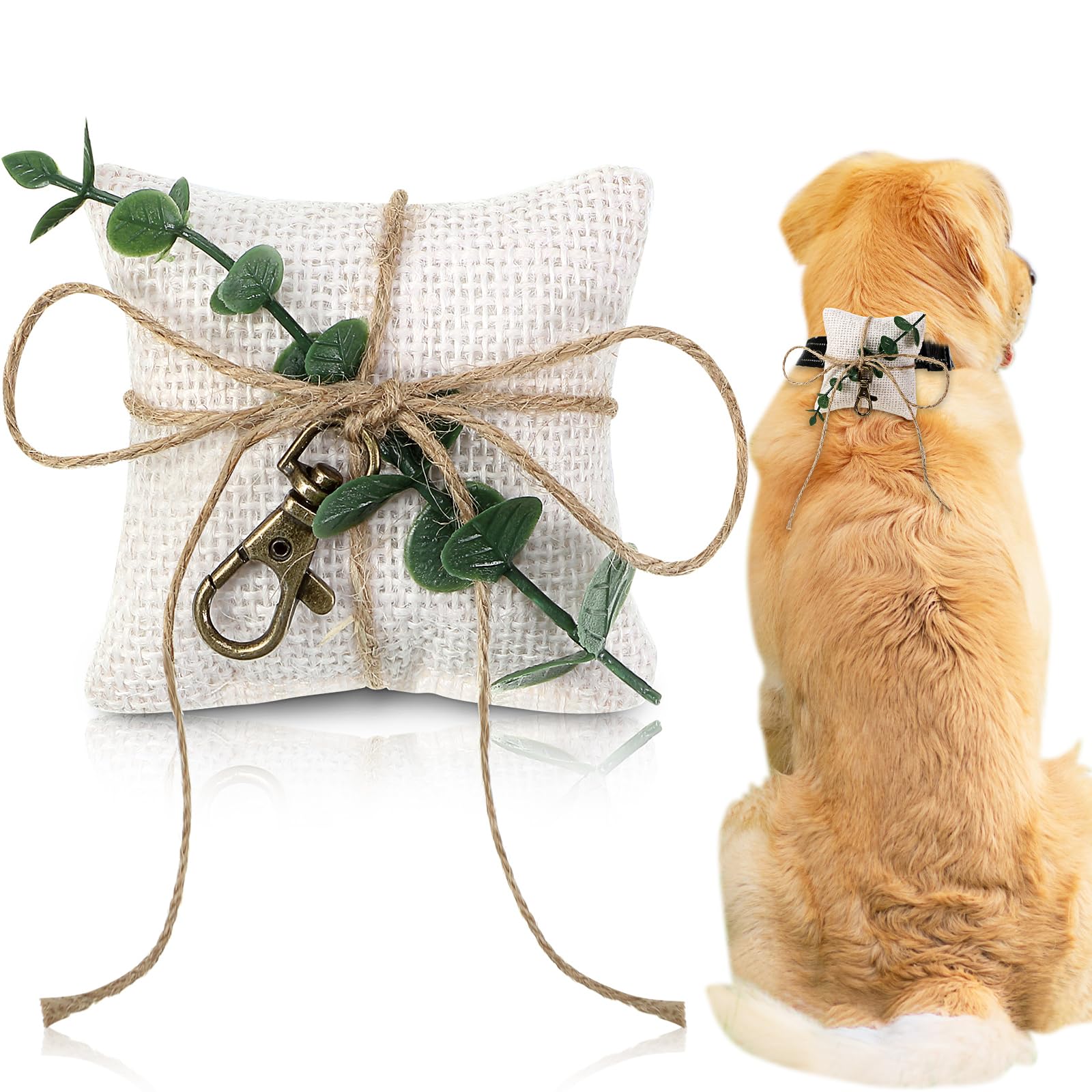 Photo 1 of Yunlly 3'' x 3'' Dog Ring Bearer Wedding Pillows with Ring Clasp Off for Dog Collar White Burlap Holder with Greenery for Engagement Wedding Pet Accessory for Small Medium Large Pets