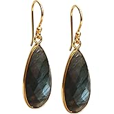 Gempires Genuine Gemstone Faceted Long Pear Gemstone Drop Dangle Hook Earrings, Statement Jewelry For Her, 1.5 inch Drop 14K Gold Plated, Gift For Woman