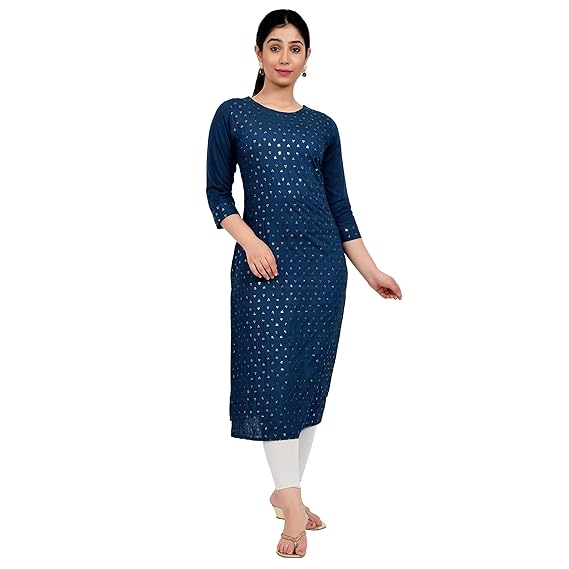 Sequence Embroidered Cotton Slub Stright Kurti for Women