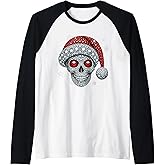 Sugar Skull with Santa Hat Tee Christmas Pajama Xmas Raglan Baseball Tee