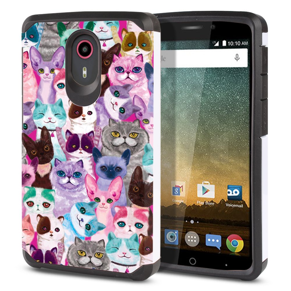 FINCIBO Case Compatible with ZTE N817 Quest Uhura, Dual Layer Hard Back Hybrid Protector Case Cover Anti Shock TPU for Quest Uhura - Cat Family
