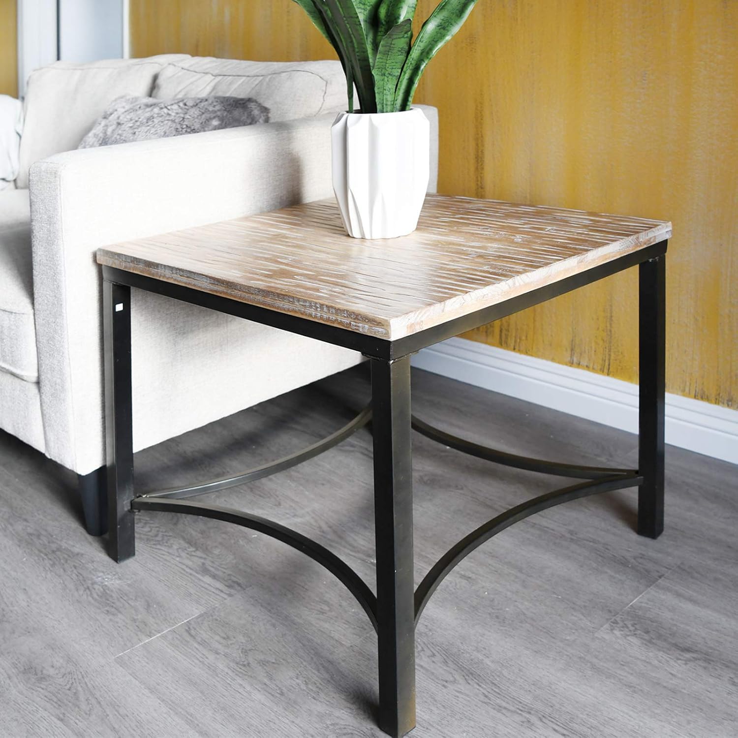 WELLAND 24" Solid Wood Night Stand,Square Rustic Poplar Wood Top Side End Table with Metal Frame for Living Room,Bed Room.: Kitchen & Dining