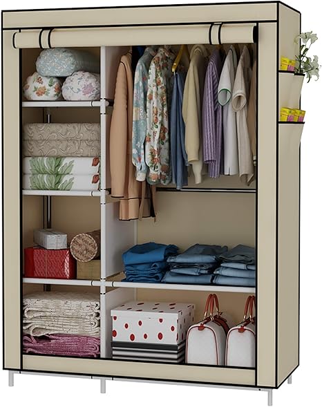Amazon Udear クローゼット オーガナイザー ワードローブ 洋服 収納 棚 不織布 カバー サイド ポケット付き 170 105 45 Cm ベージュ ワードローブ オンライン通販