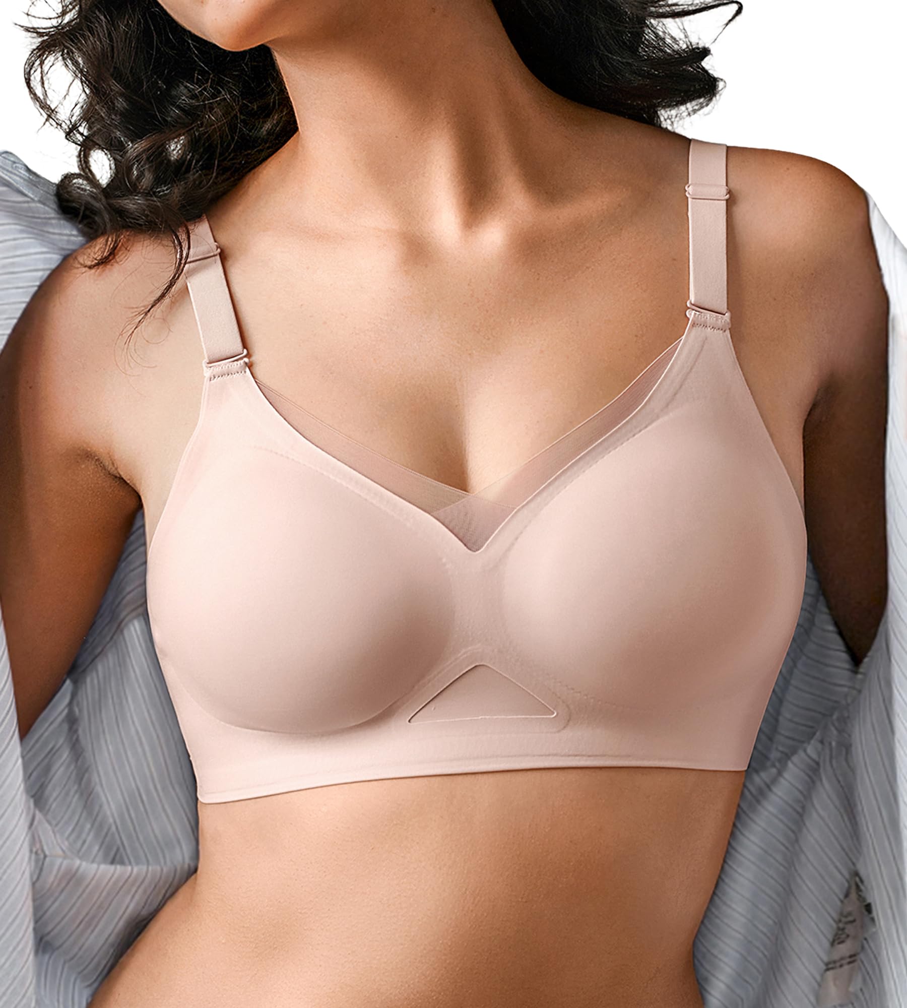 SHARICCA Seamless Bras for Women No Underwire Mesh V Neck Jelly Supportive Comfortable Bras Invisible Criss Cross T-Shirt Bra,Pink,L