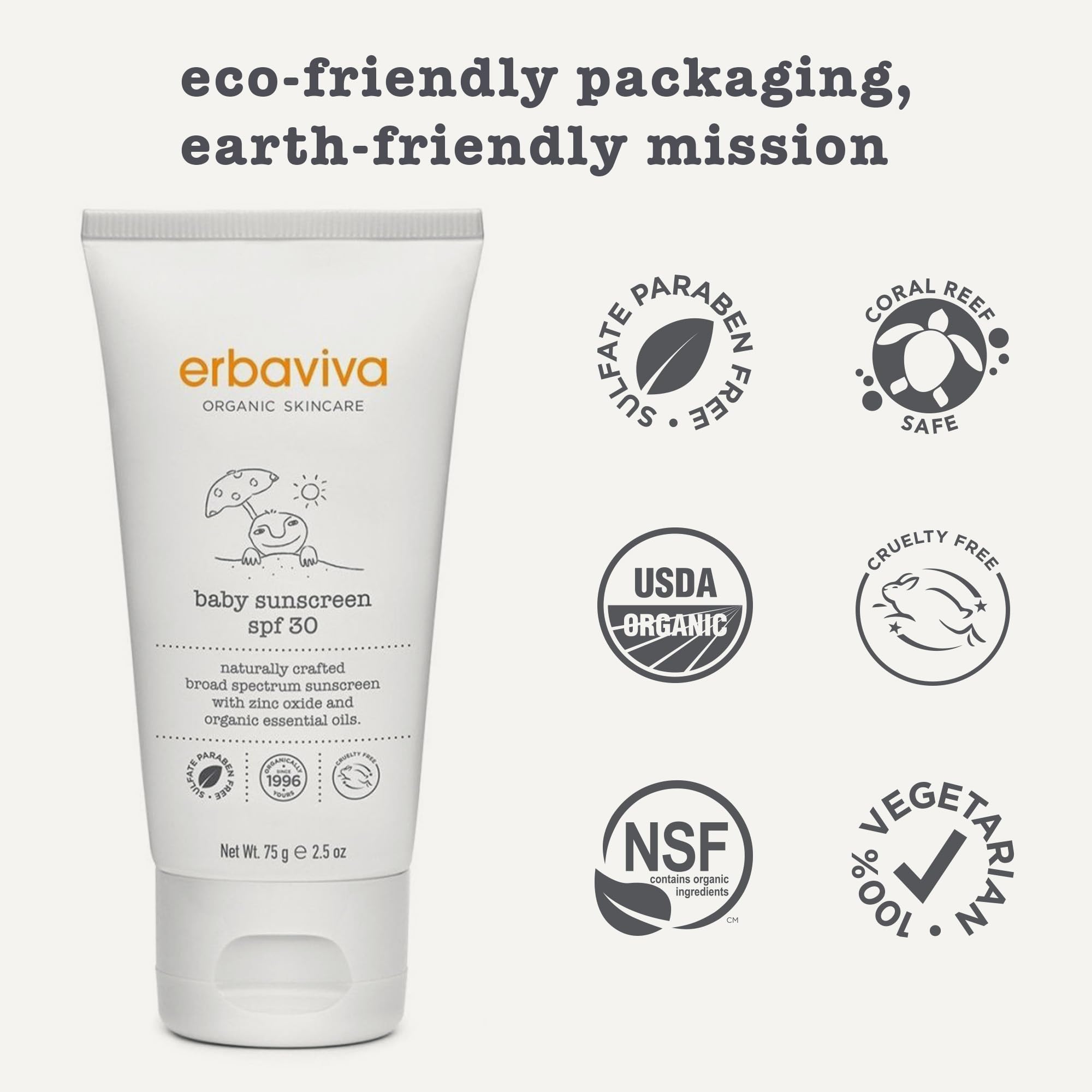 Erbaviva Organic Baby Sunscreen 2.5 Ounce - Coral Reef Safe, Natural, UVA & UVB Protection, Water Resistant, Infused with Essential Oils