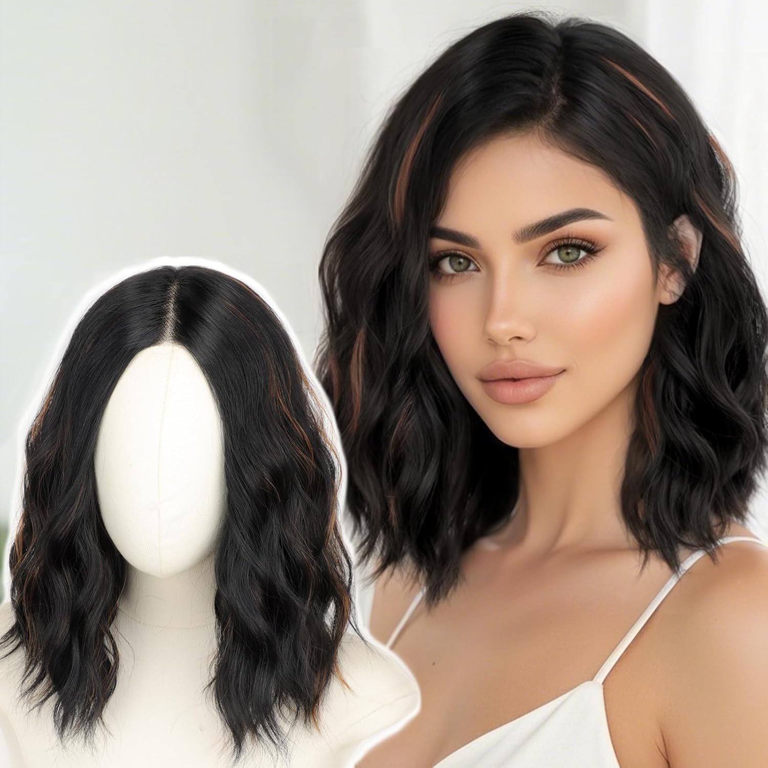 PORSMEER Natural Lace Hairline Black Wigs with Brown Highlights Shoulder Length Short Wavy Synthetic Bob Wig Realistic Looking Wigs for Daily Party Use 14”