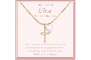 MEALGUET Gold Plated Pearl Heart Cubic Zirconia Cross Pendant Chain Necklace Christening Jewelry Baptism First Communion Confirmation Easter Christmas Gifts for Girls Teens Kids