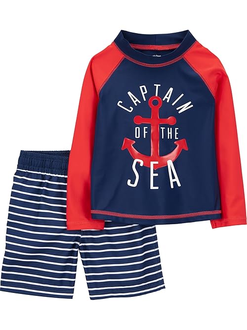 Simple Joys by Carter's Baby Boys' Swimsuit Trunk and Rashguard Set Rash Guard, Navy Red Anchor/White Stripes, 3-6 Months