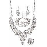 QYJ Jewelry Set for Women, Statement Necklace Dangle Earrings Bracelet Ring, White/KC Gold Plated Jewelry Set with Rhinestone Pearl Crystal Wedding Party Jewelry for Bridal Bridesmaid