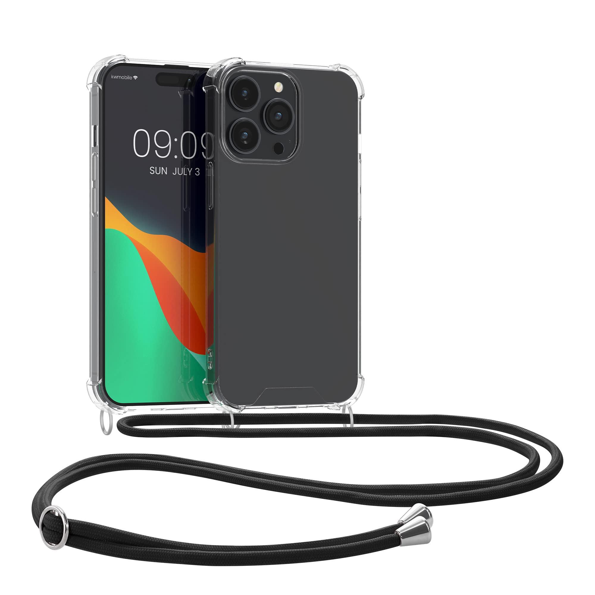 kwmobile Crossbody Case Compatible with Apple iPhone 14 Pro Max Case - Clear TPU Phone Cover w/Lanyard Cord Strap - Black/Transparent