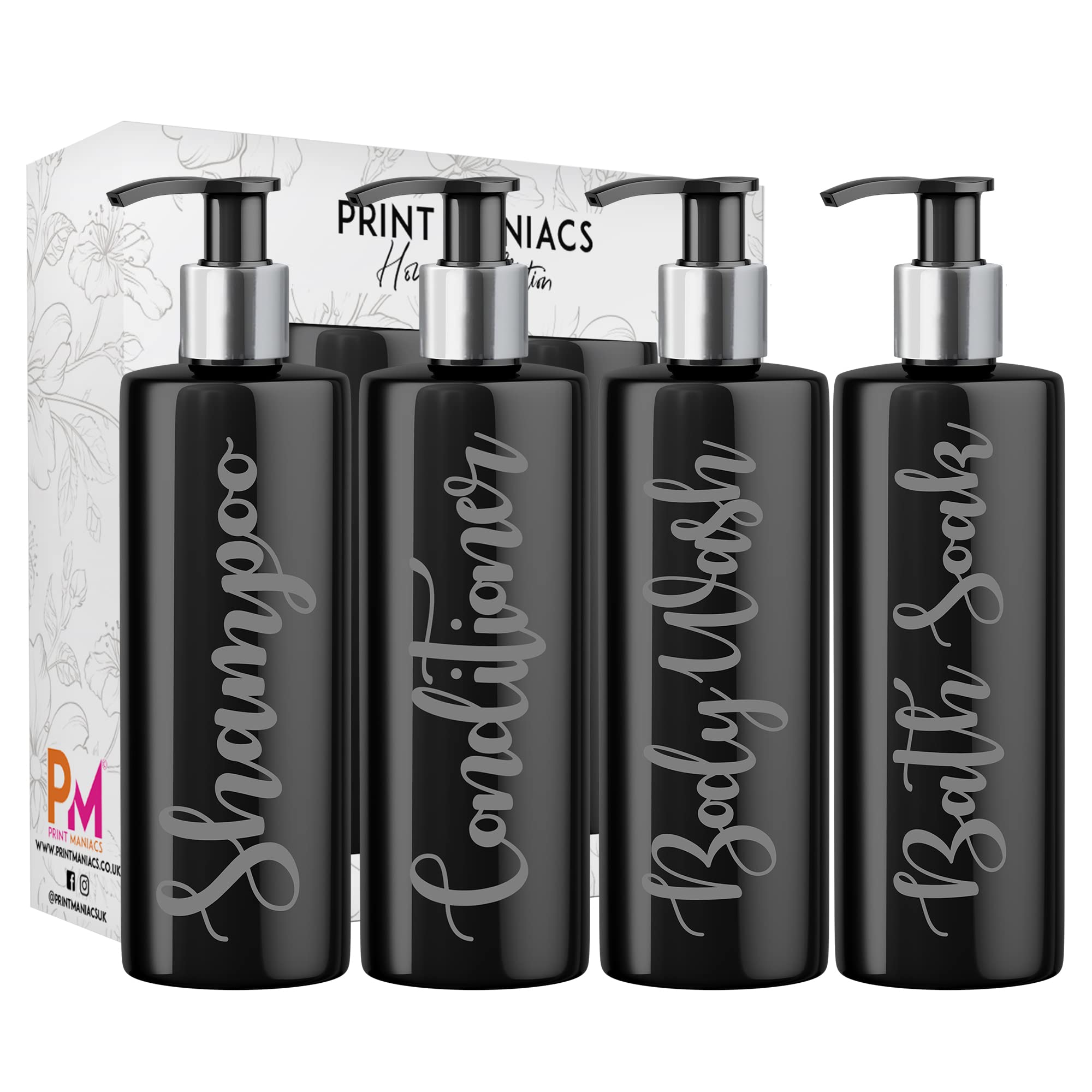 Print Maniacs Mrs Hinch Inspired Black Personalised Pump Bottles Bathroom Kitchen Set Shampoo Conditioner (Grey)