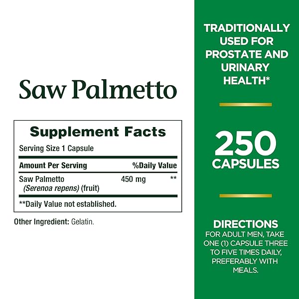 NATURE’S BOUNTY SAW PALMETTO SUPPORT FOR PROSTATE AND URINARY HEALTH, HERBAL HEALTH SUPPLEMENT, 450MG, 250 CAPSULES