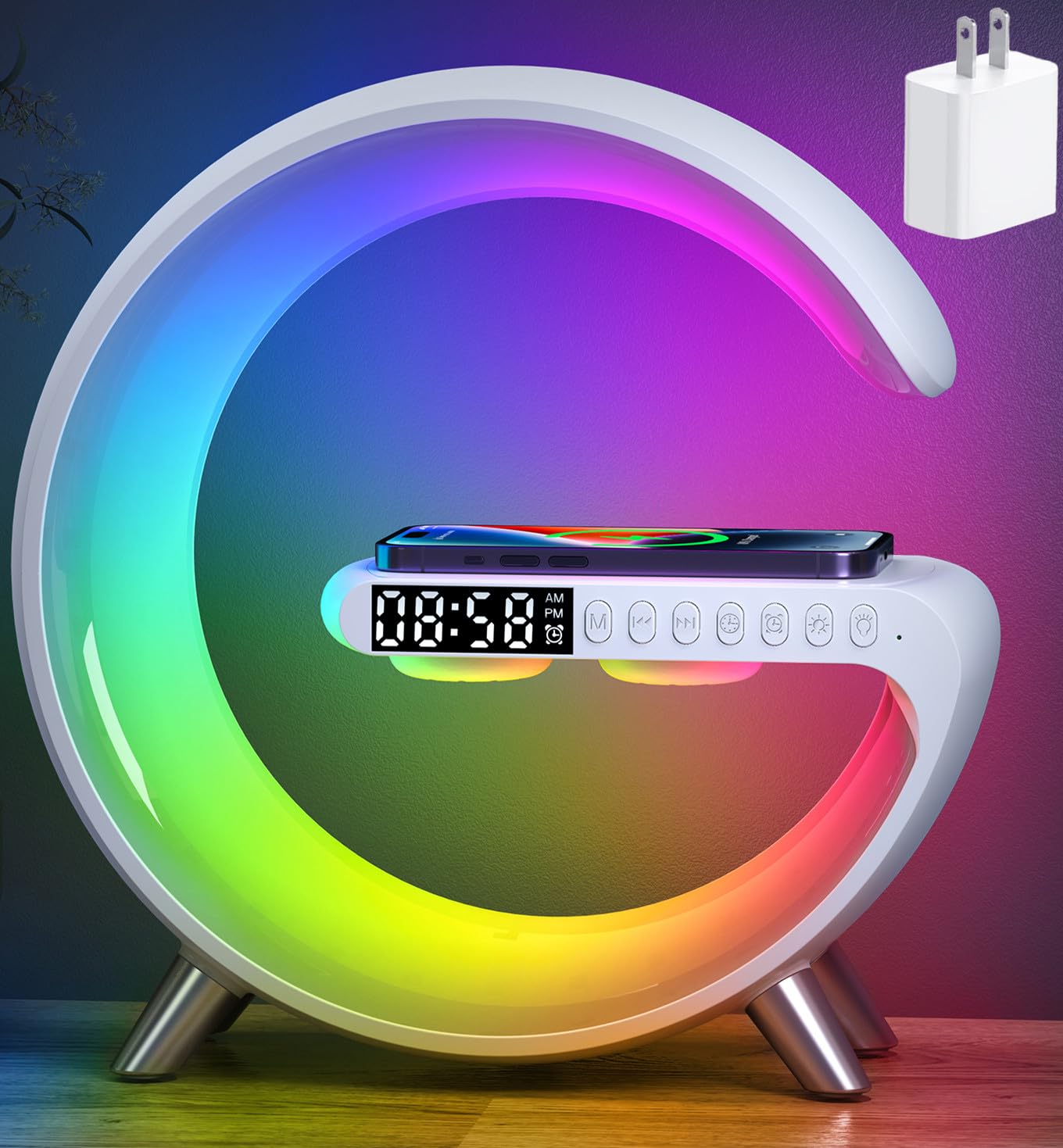 Photo 1 of Smart LED Table Lamp, 5-in-1 Night Light Fast Wireless Charging Station, 256 Lights Mode Dimmable Bedside Lamp, Bluetooth Speaker & App Control for Bedroom, Home Decor, Alarm Clock for Festival Gifts