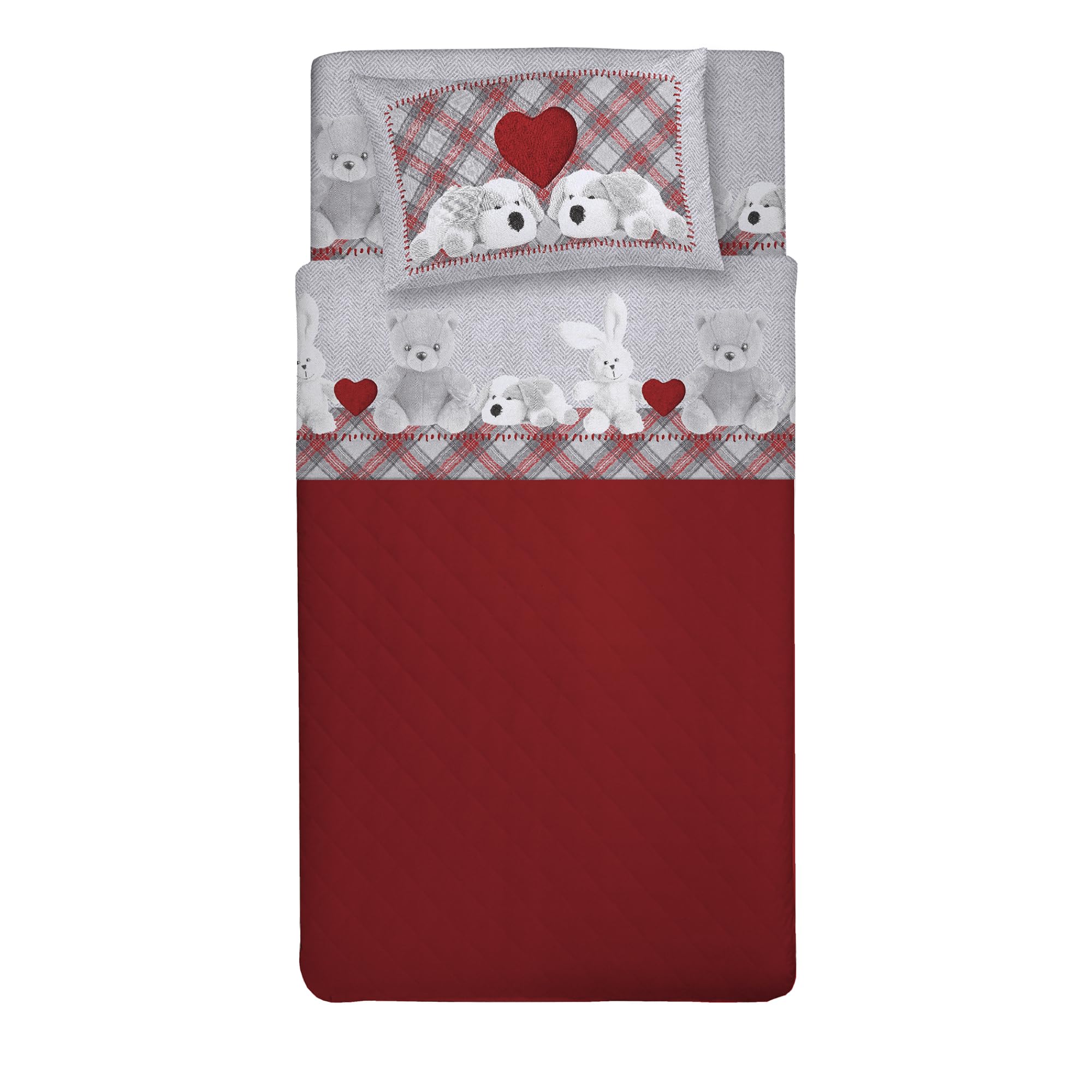 PENSIERI DELICATI 100% Cotton Double Bed Set, 120 x 200 cm, Complete with Bottom Sheet, Top and 1 Pillowcase, Made in Italy, Red Plush Design — image 1