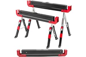 Safstar Saw Horses 2 Pack Folding, Heavy Duty Steel Sawhorses w/9-level Adjustable Height, 2x4 Support Arms 2600LB Capacity, 