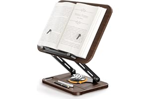 SUPEDESK Adjustable Book Stand & Book Holder with 360° Rotation, Height Adjustable Reading Stand with Extendable Page Clips and Mini Storage — Premium Wooden Cookbook Holder for Thick Books, Study & Office