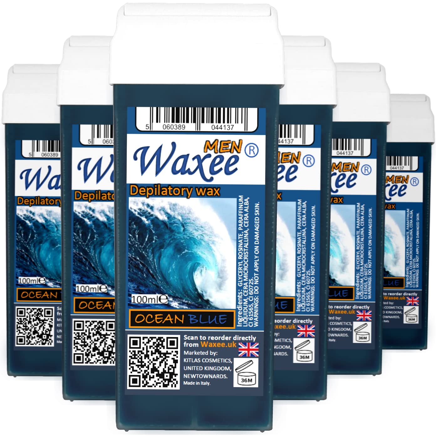 Roll-on wax cartridge, roller, refill 100ml x 6pcs from UK Brand- Waxee! (Roll on wax for Men)
