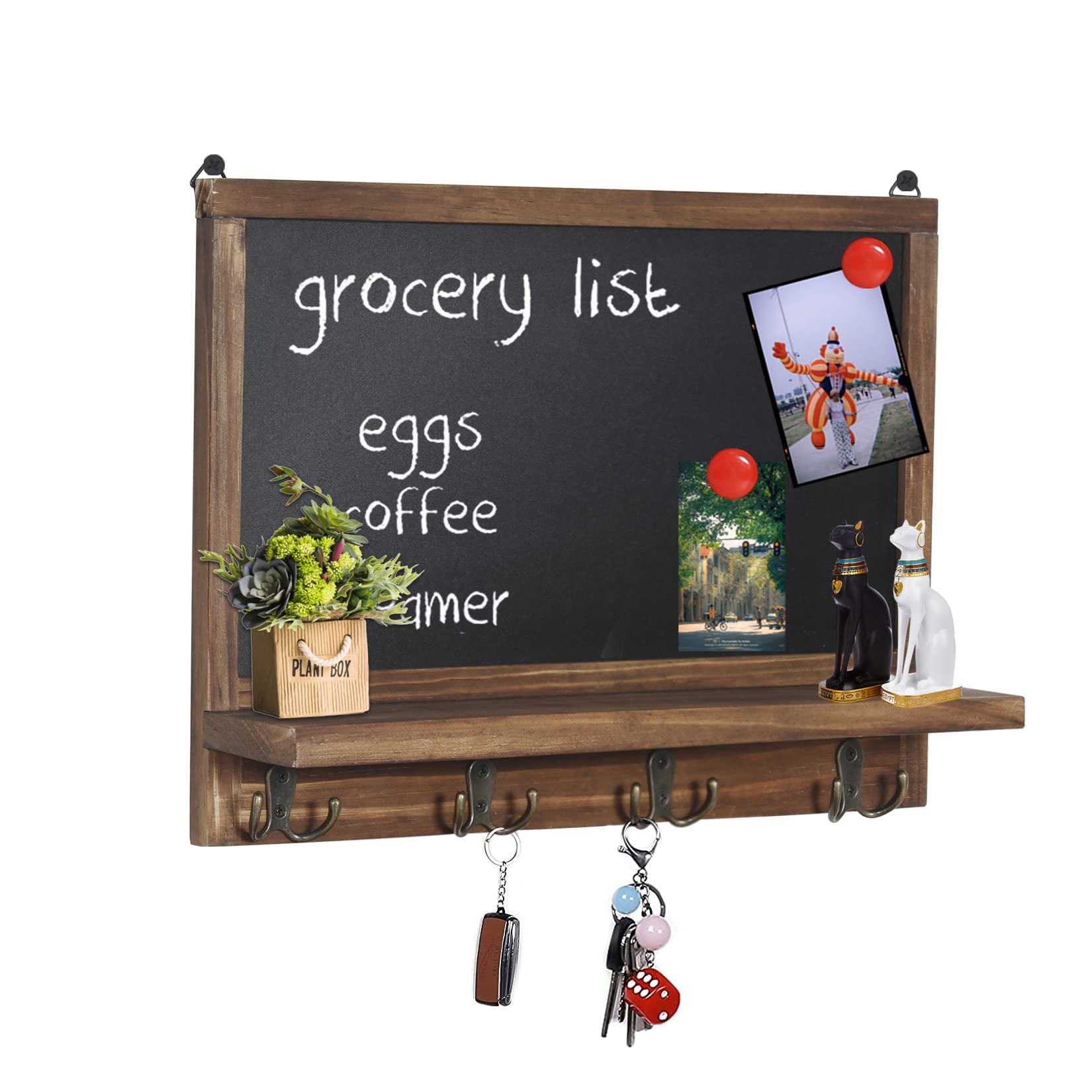 unho Rustic Wooden Chalkboard for Wall, Entryway Organizer with Shelf & Key Hooks, Farmhouse Kitchen Menu Board & Message Board, Brown