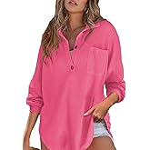 Astylish Women Waffle Knit Tops Henley Shirts Long Sleeve V Neck Solid Color Casual Tunic