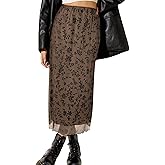 Avanova Women Floral Midi Skirt Boho Fall Summer Mesh High Waisted Maxi Long Skirts Brown Floral XX-Large