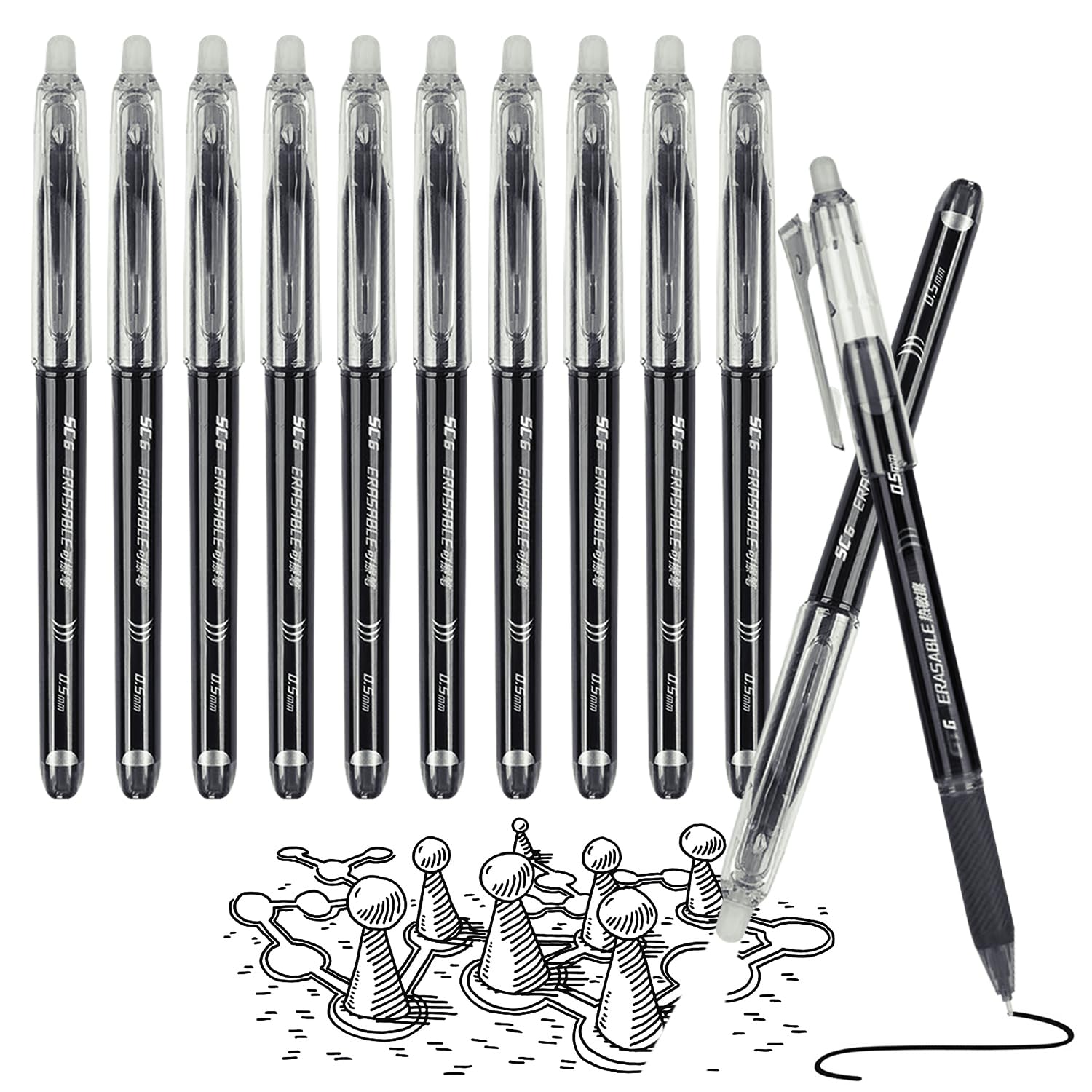 Surcotto 12pcs Erasable Pens Black, Friction Pens with Rubber, Rub Out Pens with Eraser, Eraser Pen for Kids Adults School Writing Office Stationary Supplies, Erase Clean Easily, Paper Harmless