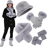 Suhine 4 Pcs Winter Faux Fur Set Fur Collar Fuzzy Bucket Hat Scarf Gloves Boot Cuff Warmer for Women Outdoor Furry Costume