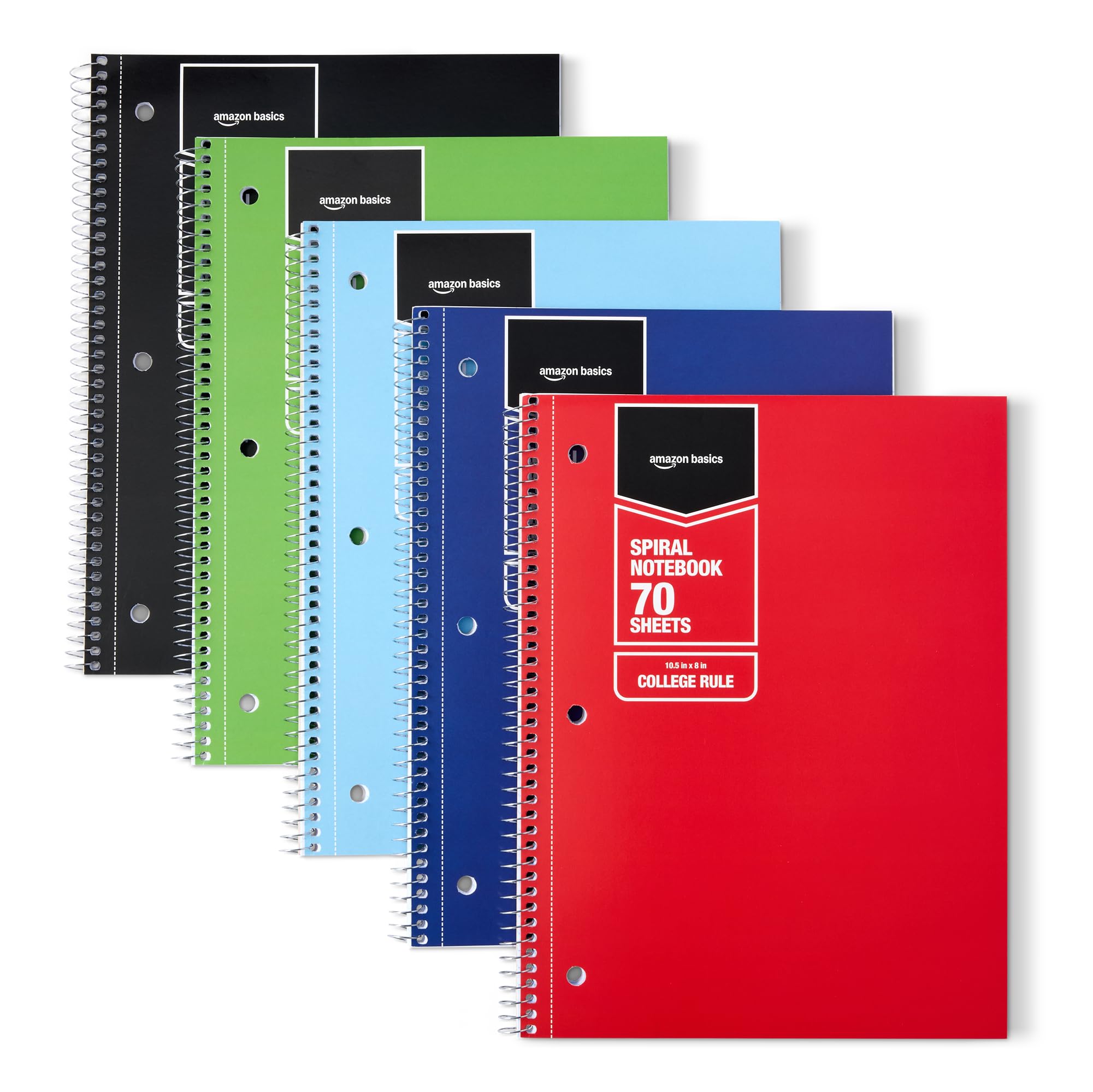 Amazon Basics College Ruled Spiral Notebook, For Work and School, 70 Sheets, 8" x 10.5", Assorted Solid Colors, 5 pack