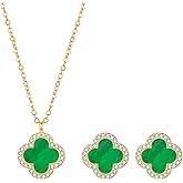 COBI Four Leaf Clover Necklace and Stud Earrings Jewelry Set White Black Green, 18k Gold Plated Clover Earrings Pendant Necklace, Clover Jewelry Set Gifts for Women