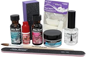 Mia Secret Acrylic Nail Kit: 1/2 oz liquid monomer, 1/2 oz clear acrylic powder, ultra quick nail glue, 1/2 oz ultra gloss top coat, fancy 20 nail tips, 1/2 oz primer, speedy zebra straight nail file 100/100, #8 nail brush and emery block